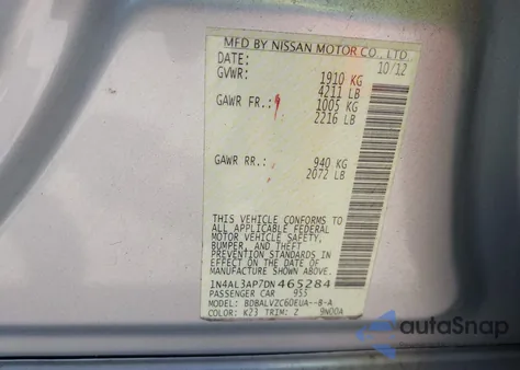 2013 Nissan Altima 2.5 Sl from USA, damaged, VIN 1N4AL3AP7DN465284